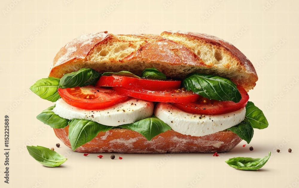 A fresh caprese sandwich with mozzarella, basil, and tomato, on a light beige background