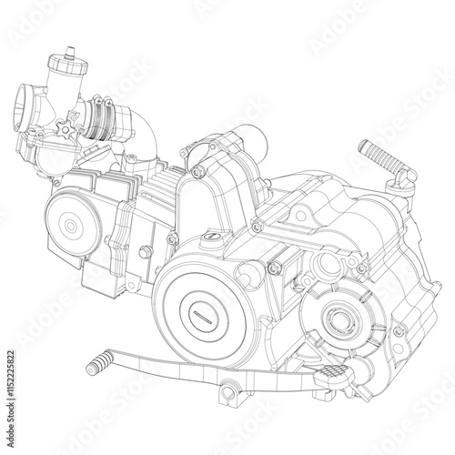 A set of drawings of engines - motor vehicle internal combustion engine, motorcycle, electric motor and a rocket. It can be used to illustrate ideas of science, engineering design and high-tech