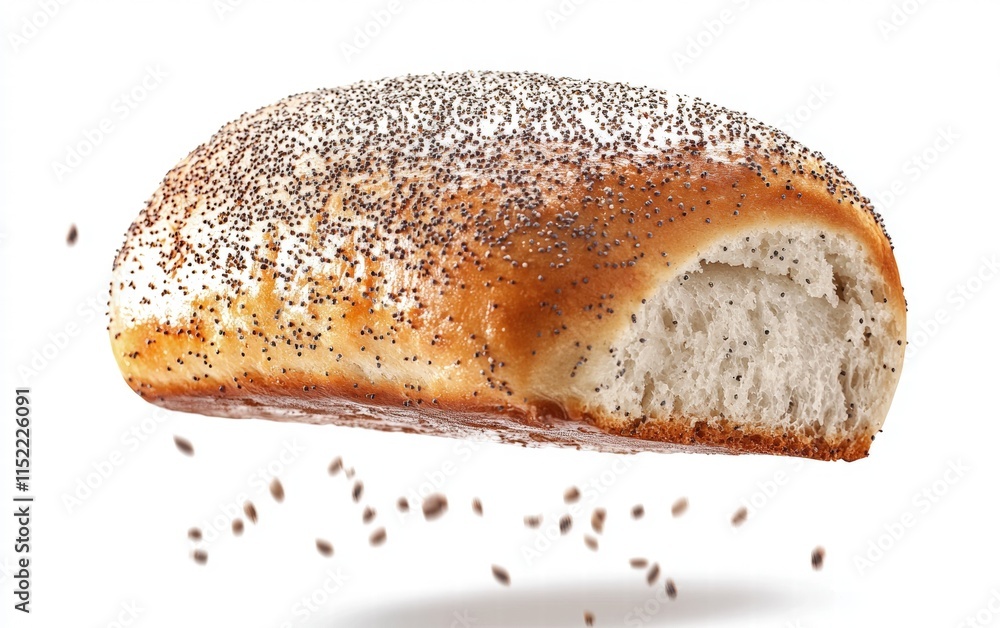 A freshly baked poppy seed roll floating mid-air with sugar glaze, on a white background A freshly baked poppy seed roll floating mid-air with sugar glaze, on a white background