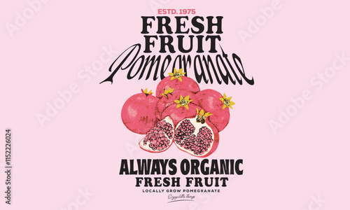 Fresh pomegranate fruit print. Nature watercolor design. Organic food artwork for for t-shirt. Fruit vintage t-shirt design. Summer food poster design.  Pomegranate fruit artwork.