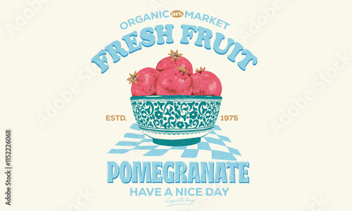 Summer food poster design. Pomegranate fruit artwork. Ceramic bowl. Fresh pomegranate fruit print. Nature watercolor design. Organic food artwork for for t-shirt. Fruit vintage t-shirt design.