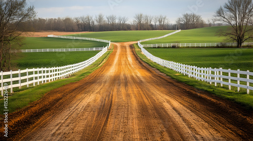 Quaint rural dirt road in Lexington Kentucky with white fences and rolling green pastures photo