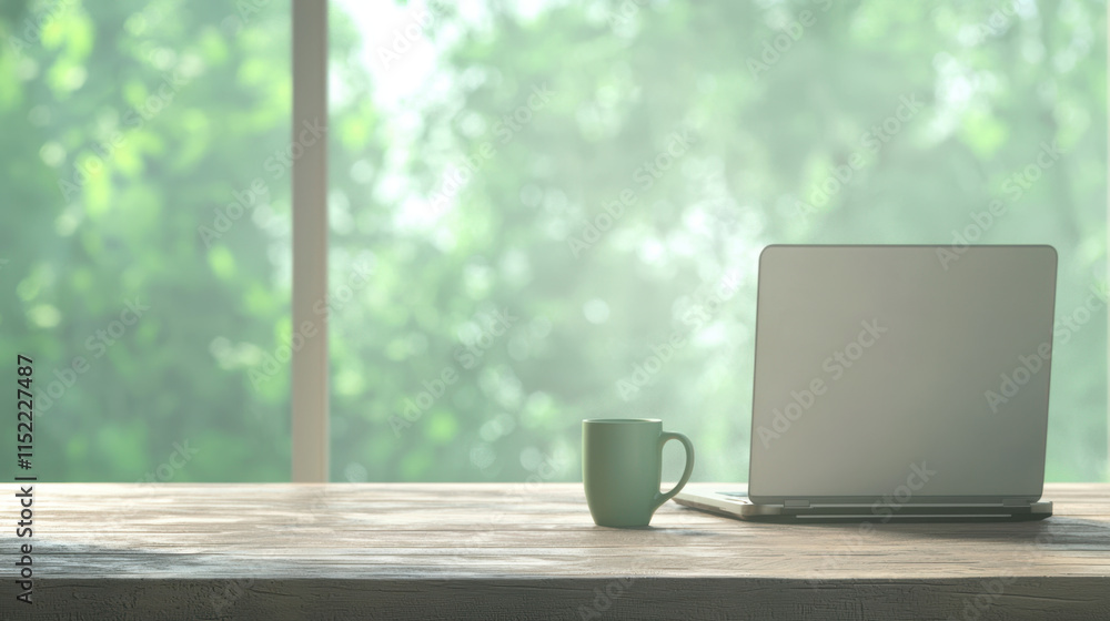 remote flexibility lifestyle. laptop and coffee mug on rustic wooden desk with greenery remote flexibility lifestyle. laptop and coffee mug on rustic wooden desk with greenery