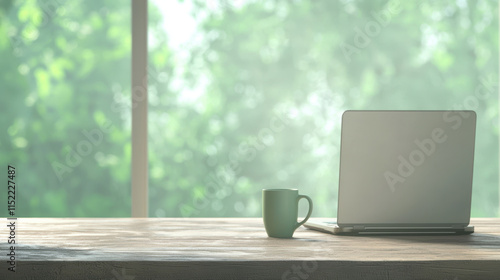 remote flexibility lifestyle. laptop and coffee mug on rustic wooden desk with greenery