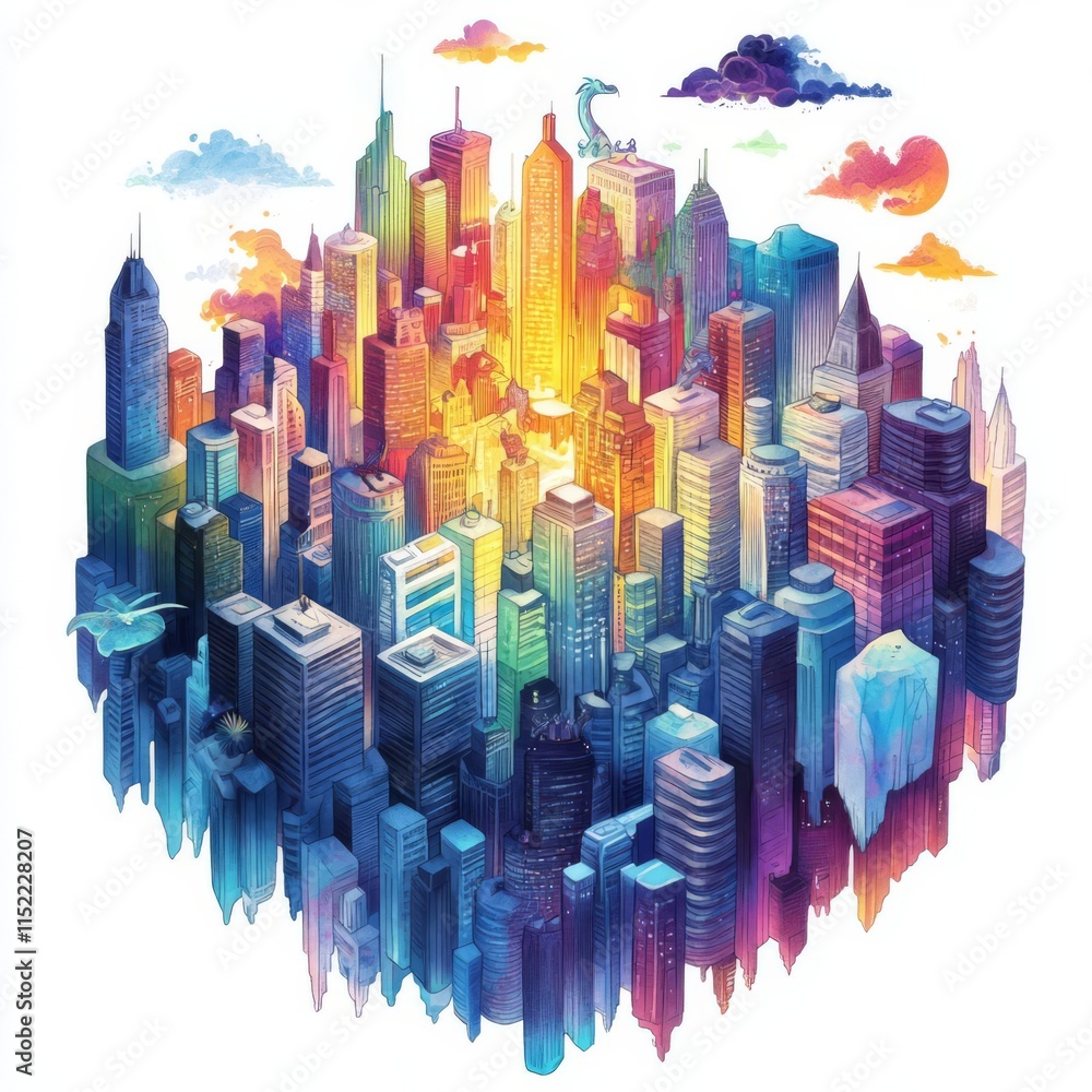 Obraz premium Vibrant cityscape featuring modern skyscrapers and colorful skyline.