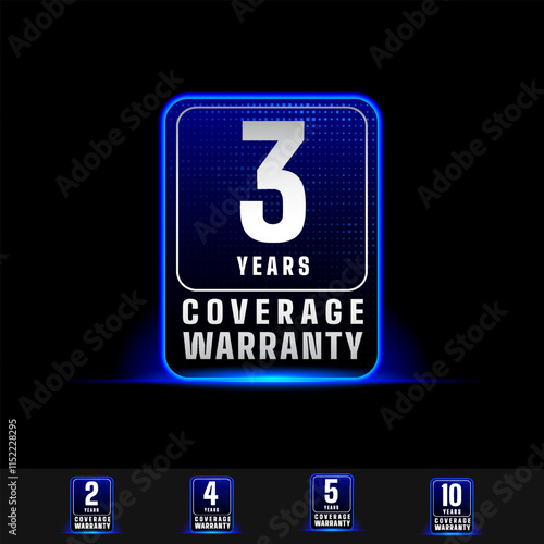 3 years warranty label. Neon glowing warranty label for technology product.