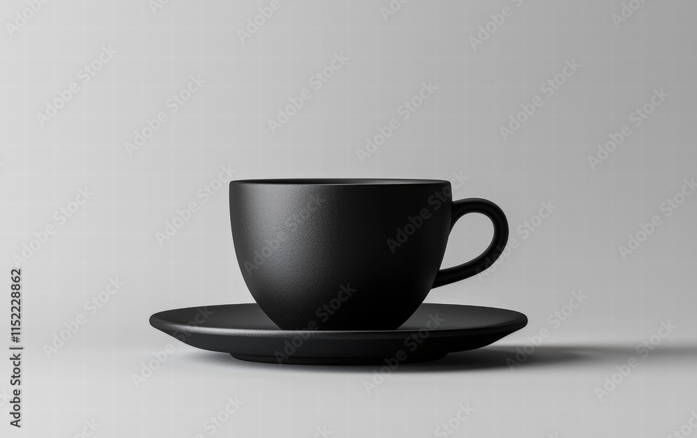 A matte black espresso cup floating mid-air with a saucer, on a minimalist gray background