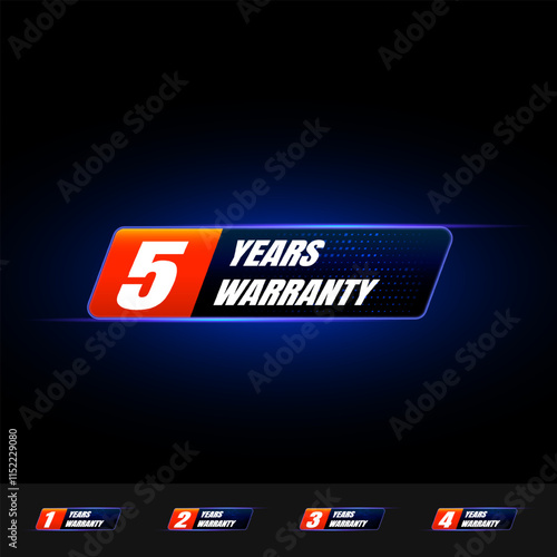 Warranty 3D logo set. 5,4,3,2,1 years. Neon glowing warranty label for technology product.