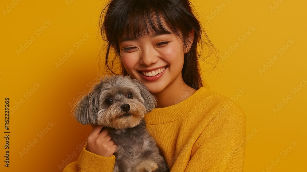 A Chinese girl holding a pet puppy. Chinese woman with silky black hair, wearing a mustard yellow sweatshirt woman hugging her dog in her arms, yellow background. Generative Ai A Chinese girl holding a pet puppy. Chinese woman with silky black hair, wearing a mustard yellow sweatshirt woman hugging her dog in her arms, yellow background. Generative Ai