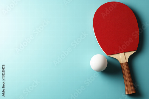 table tennis paddle and ball on blue background