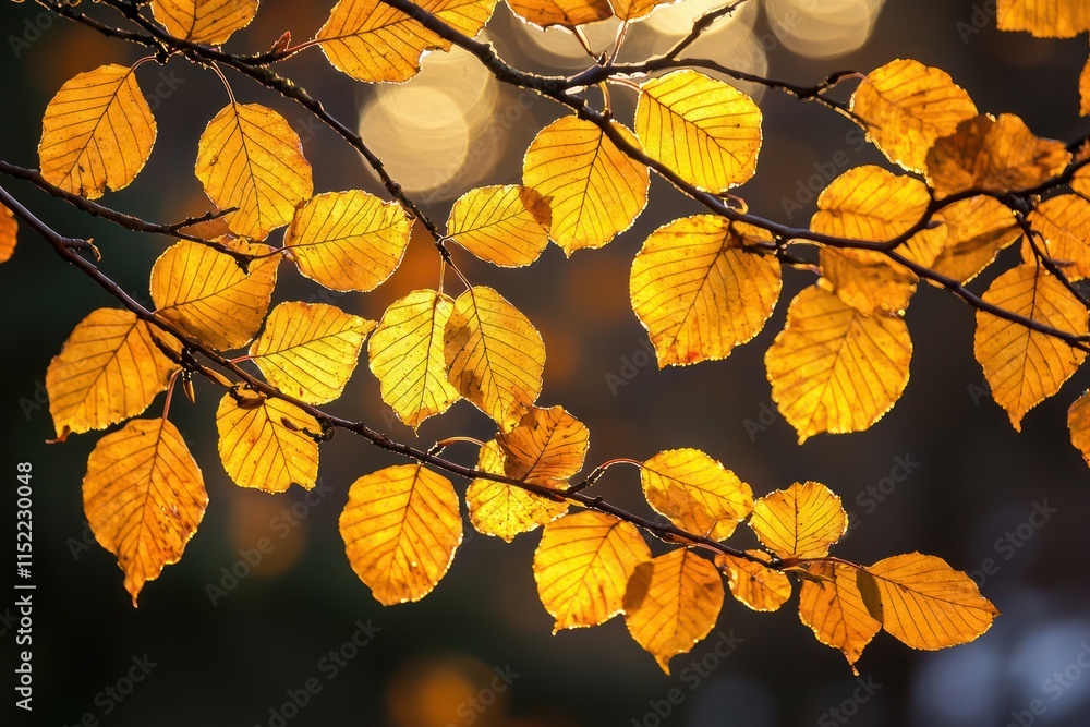 Golden autumn leaves still attached to tree branches, glowing in the sunlight Golden autumn leaves still attached to tree branches, glowing in the sunlight