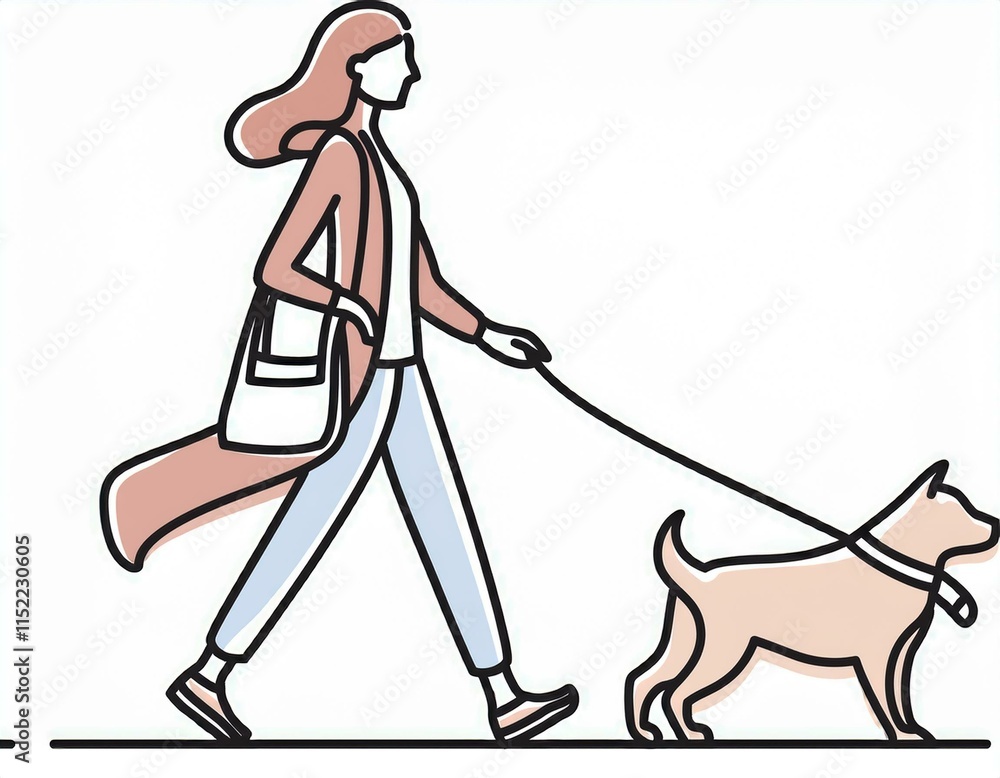 dessin au trait d'un femme promenant son chien en ia, balade, duo animal humain dessin au trait d'un femme promenant son chien en ia, balade, duo animal humain