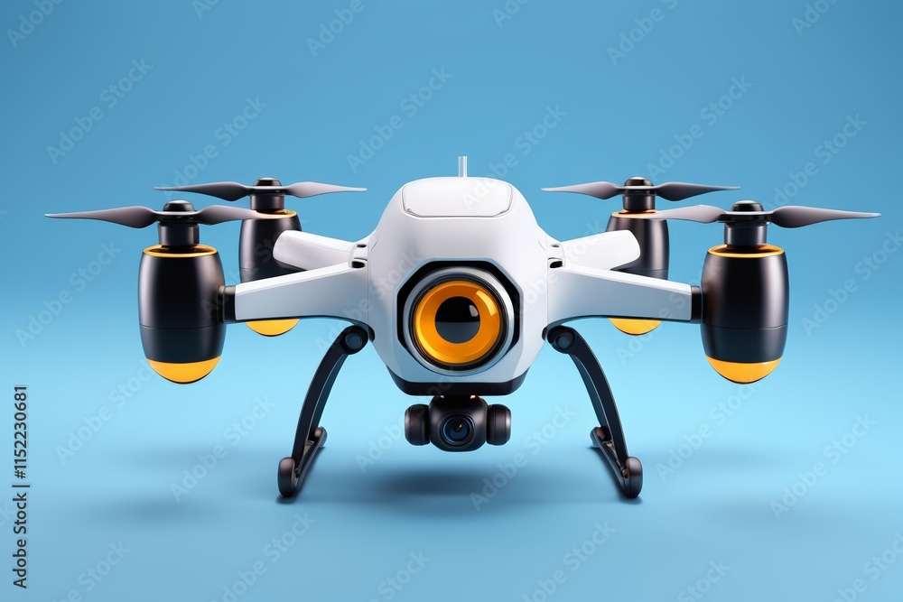 a close up of a small white and black drone with a camera a close up of a small white and black drone with a camera
