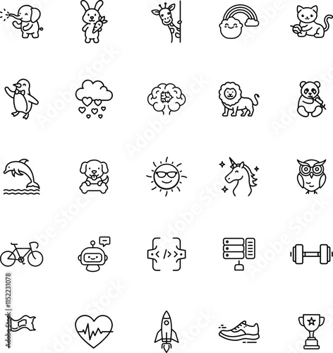 Cute Animal Icons, Coding, Sports, and Rainbow Symbols