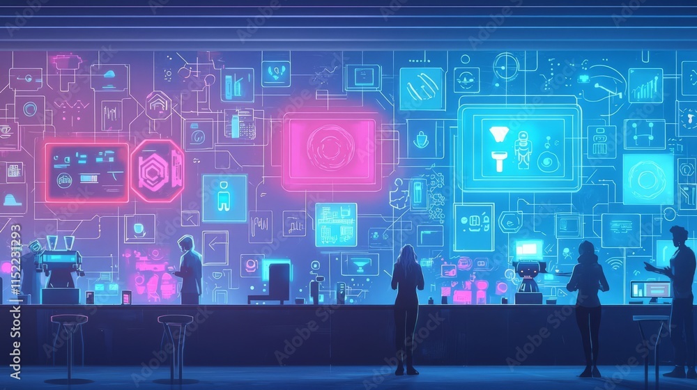 A vibrant tech hub with interactive displays and engaged individuals exploring innovations. A vibrant tech hub with interactive displays and engaged individuals exploring innovations.