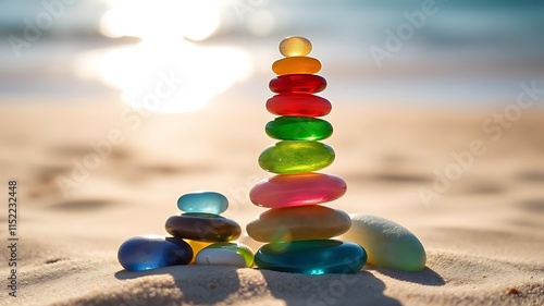 Zen Stacked Glass Pebbles on Beach Perfect for Meditation & Mindfulness photo