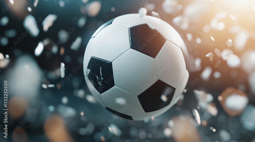 Fototapeta premium Soccer sport match, football ball on green grass, stadium with football net on background