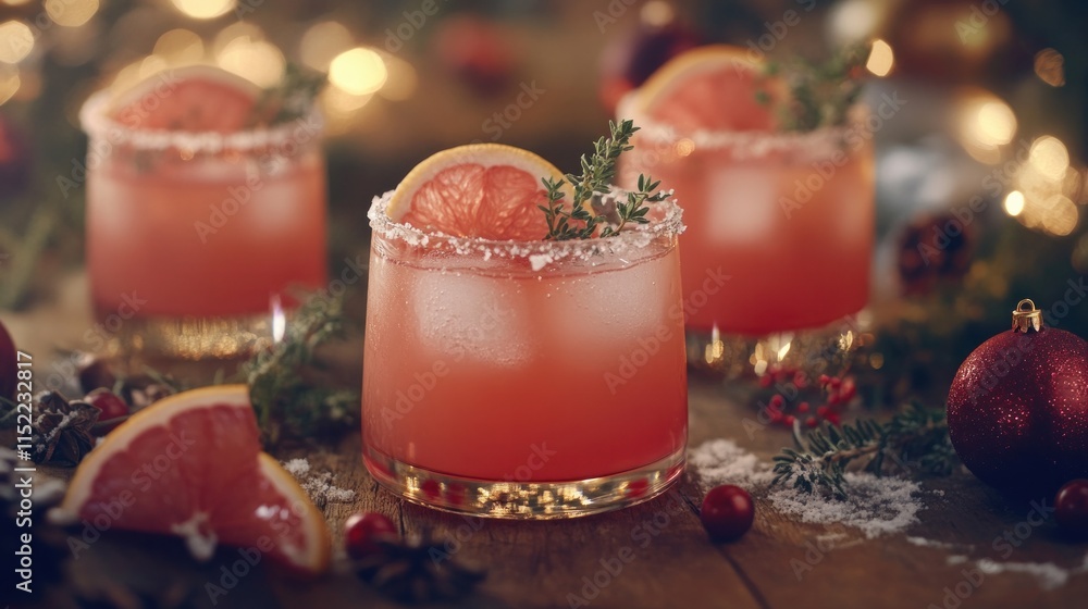 Front picture of a decorated table serving a cranberry gin alcoholic cocktail with grapefruit and thyme during the winter holidays Front picture of a decorated table serving a cranberry gin alcoholic cocktail with grapefruit and thyme during the winter holidays