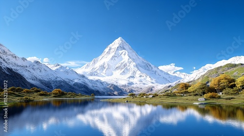 Majestic snow-capped mountain reflecting in pristine lake under clear blue sky