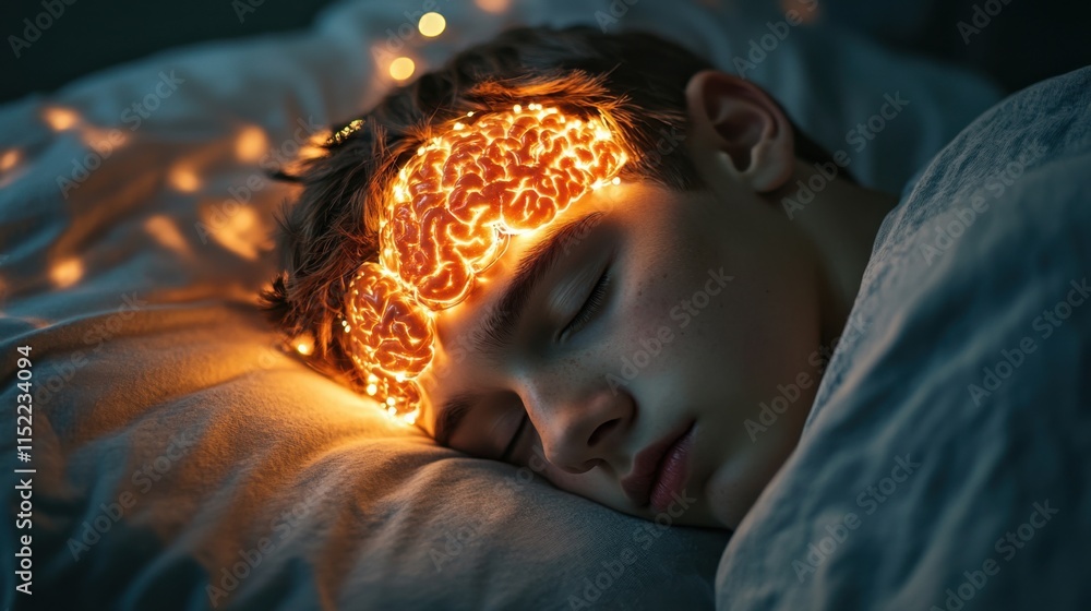 Sleeping young man with a luminous brain outline symbolizing the connection between sleep and brain activity Sleeping young man with a luminous brain outline symbolizing the connection between sleep and brain activity