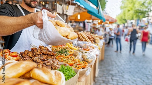 Outdoor market scene with fresh breads and grilled skewers on display photo