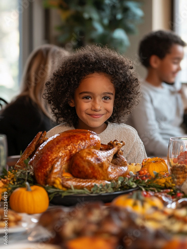 Smiling child at a festive Thanksgiving dinner