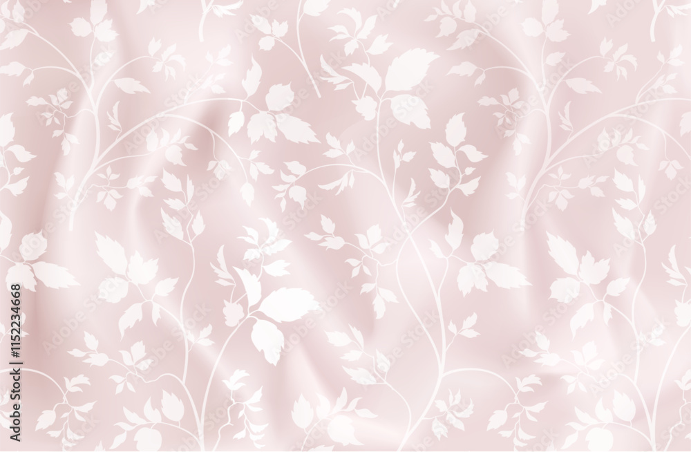Floral seamless pattern. Branch with leaves ornament over soft silk fabric texture. Vector 3D illustration. Flourish nature garden motif decor Floral seamless pattern. Branch with leaves ornament over soft silk fabric texture. Vector 3D illustration. Flourish nature garden motif decor
