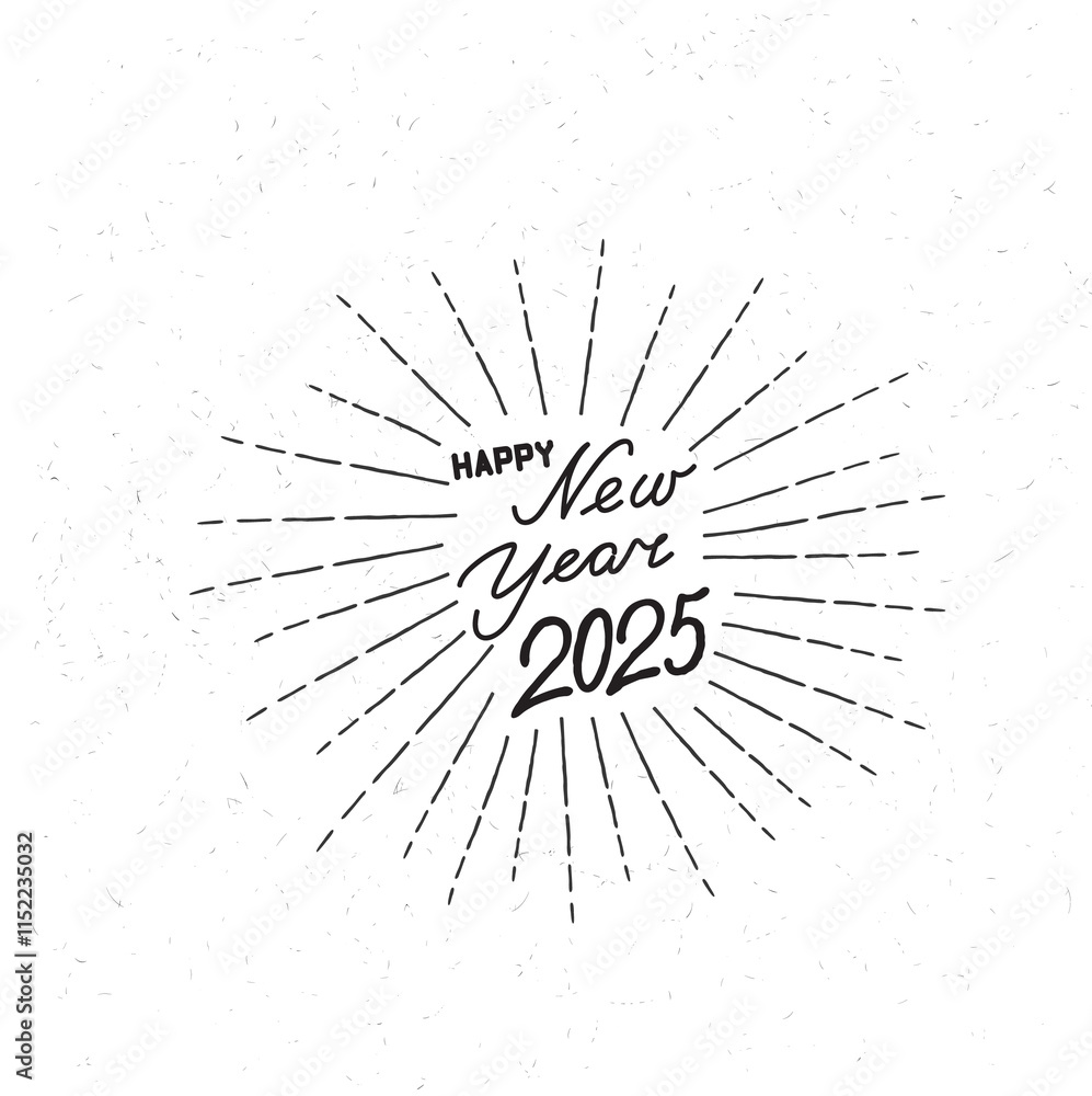 Obraz premium Happy New Year holiday background with firework rays and lettering 2025. Winter Christmas grunge greeting card with handwritten Lettering HAPPY NEW YEAR 2025