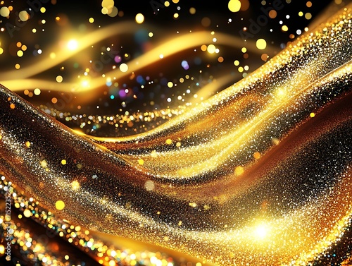 A golden glitter-filled abstract design with vivid colors and bright lighting effects forming a captivating and luxurious backdrop