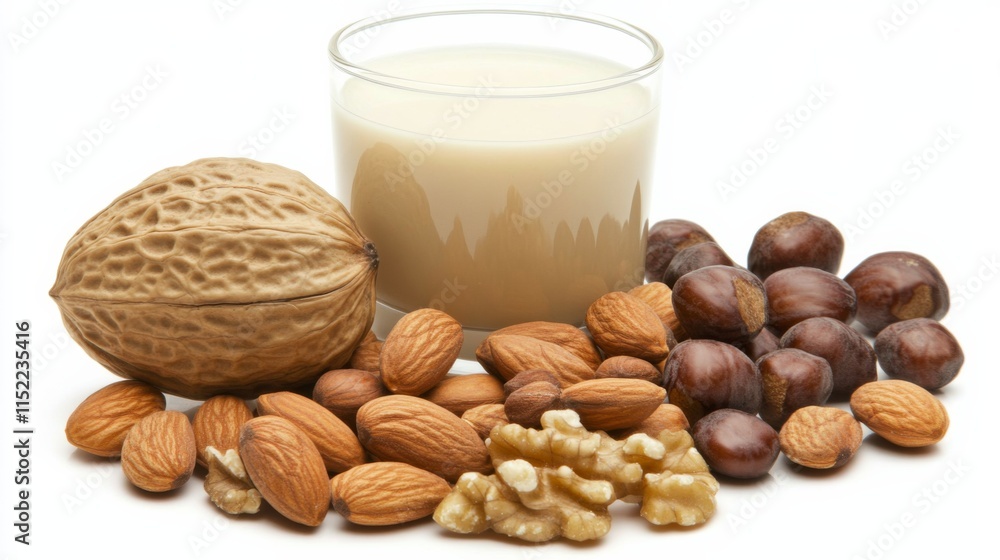 Fresh Nut Milk Alternatives on White Background Fresh Nut Milk Alternatives on White Background