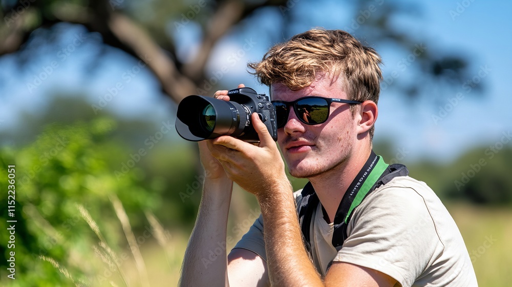 Young caucasian male photographer in nature with camera captures outdoors in daylight Young caucasian male photographer in nature with camera captures outdoors in daylight