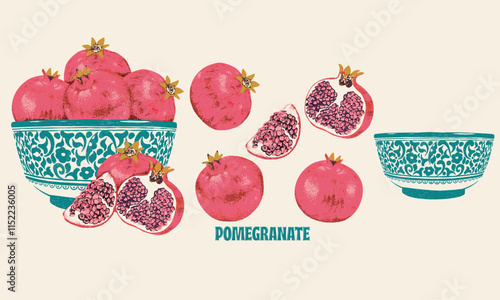 Pomegranate set design. Fresh pomegranate fruit print. Nature watercolor design. Organic food artwork for for t-shirt. Fruit vintage t-shirt design.