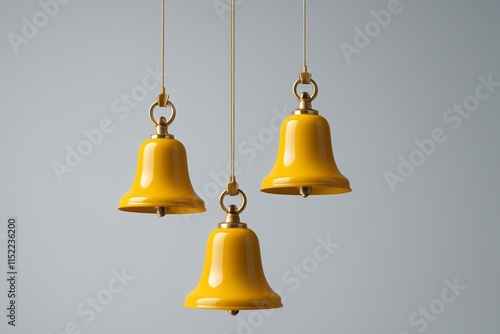 three yellow bells hanging from a ceiling with a gray background photo