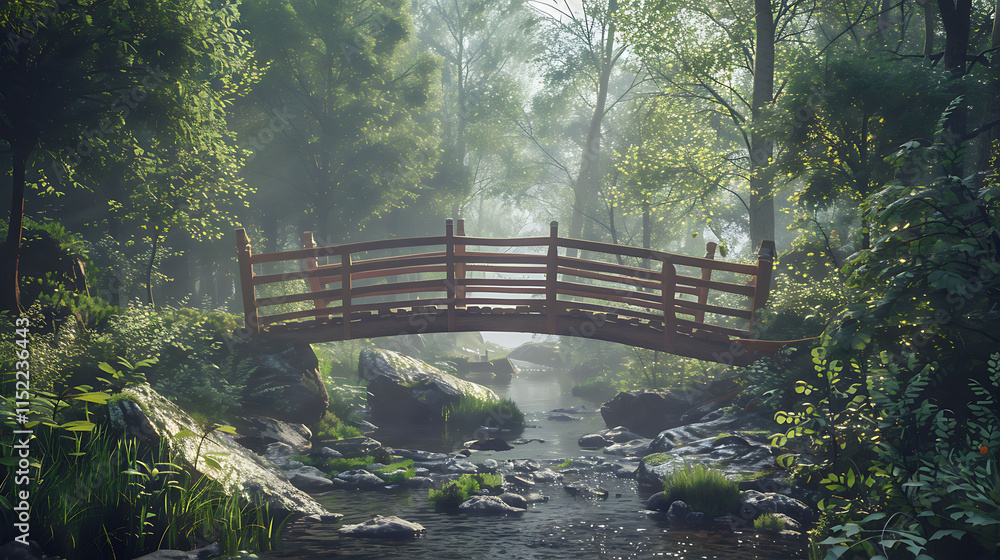 A serene forest with a wooden bridge crossing a babbling brook A serene forest with a wooden bridge crossing a babbling brook