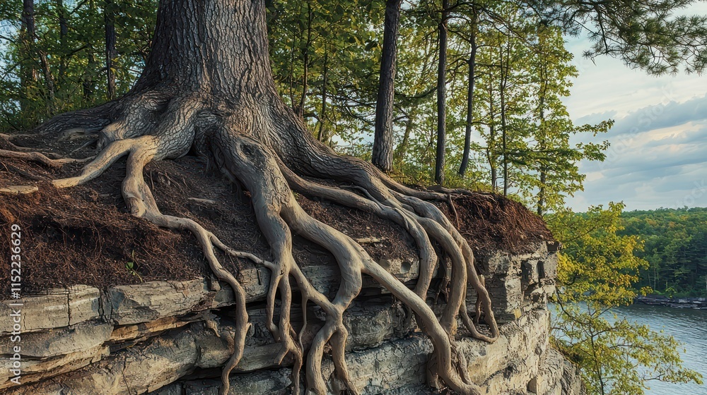 Large roots a tree gripping the edge a cliff, with soil erosion visible