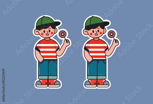 Cartoon icon illustration of a child wearing a hat and holding candy, cute, simple design, can be used for various purposes