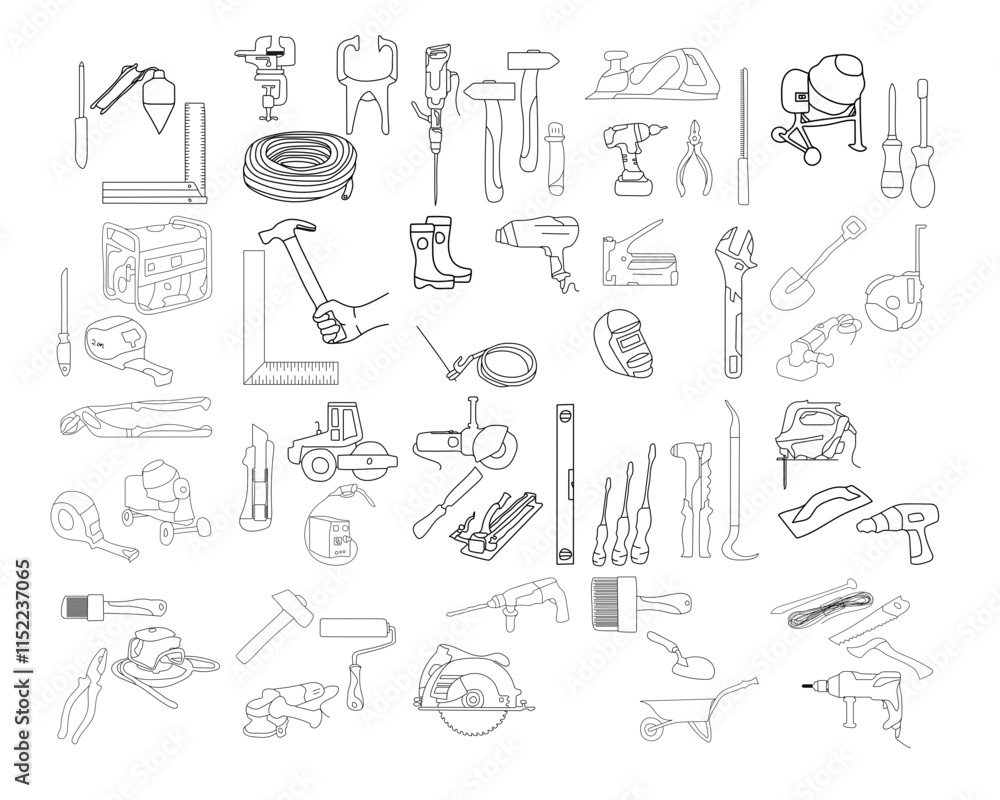 A construction tools vector collection asset construction industry. This collection of essential tools used in construction projects, such as hammers, screwdrivers, drills, saws, wrenches, and levels A construction tools vector collection asset construction industry. This collection of essential tools used in construction projects, such as hammers, screwdrivers, drills, saws, wrenches, and levels