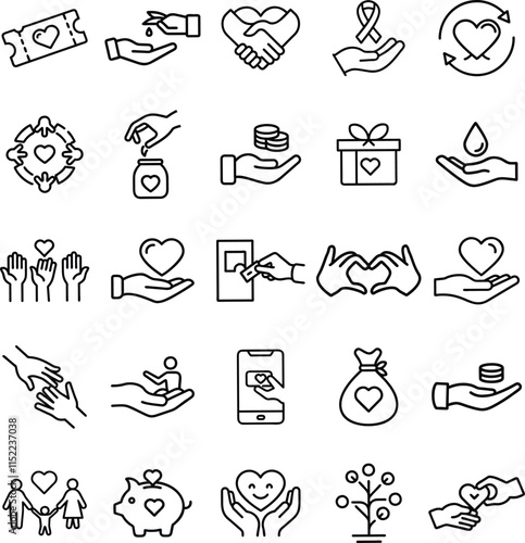 Donation Icons Charity, Giving, Support, Love, Helping Hands, Care, Kindness, Aid, Volunteer, Hearts