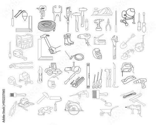 A construction tools vector collection asset construction industry. This collection of essential tools used in construction projects, such as hammers, screwdrivers, drills, saws, wrenches, and levels