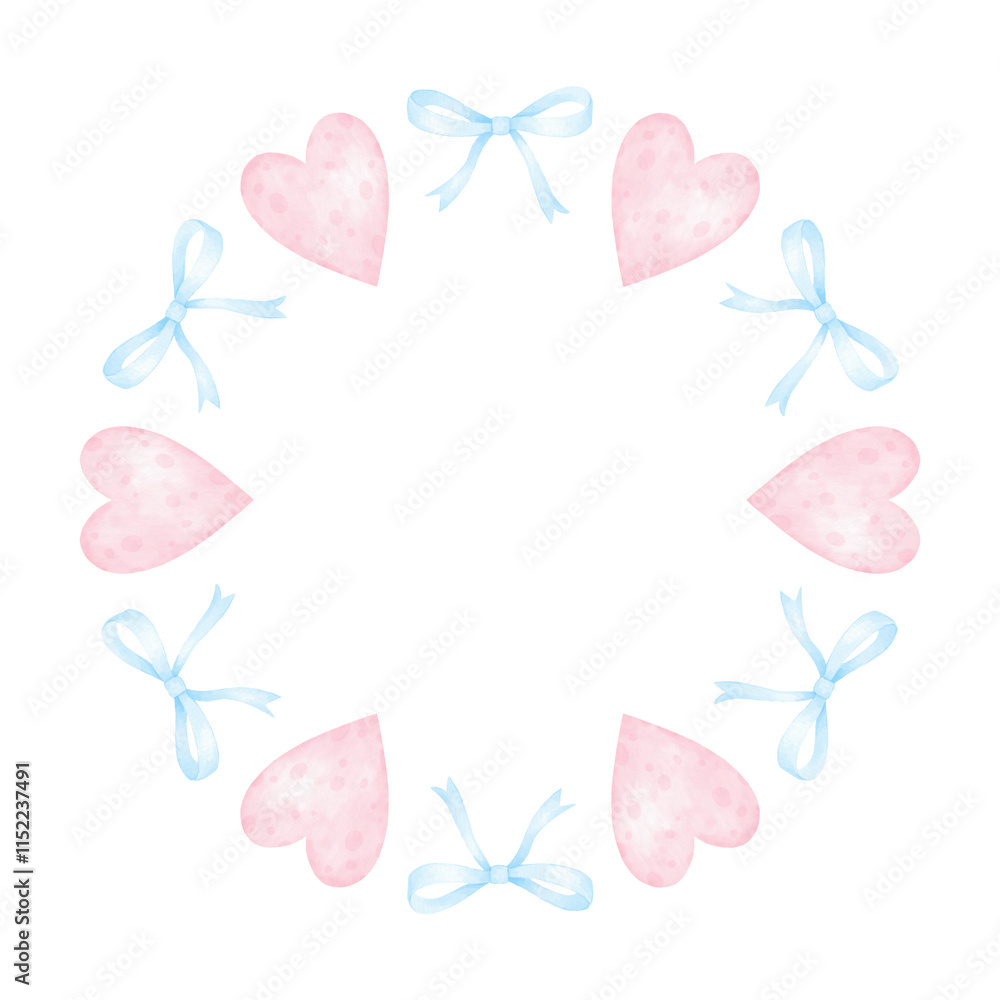 heart, bow. Watercolor round frame template in pastel colors for textile and wrapping paper. Cute watercolor illustration for Valentine's Day heart, bow. Watercolor round frame template in pastel colors for textile and wrapping paper. Cute watercolor illustration for Valentine's Day