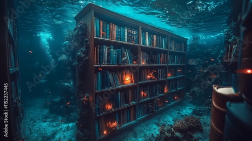 Submerged library in underwater coral reef environment with glowing shelves photo