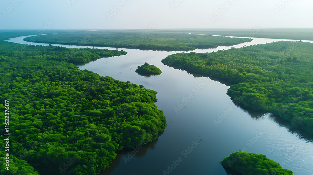 A serene river delta with lush green vegetation and calm waters A serene river delta with lush green vegetation and calm waters