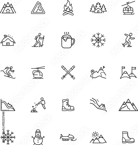 Winter Sports Icons Skiing, Snowboarding, Mountains, and Snow Fun