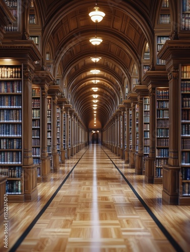 Wallpaper Mural Grand library hall with high arched ceilings, wooden bookshelves, and gleaming floors. Torontodigital.ca