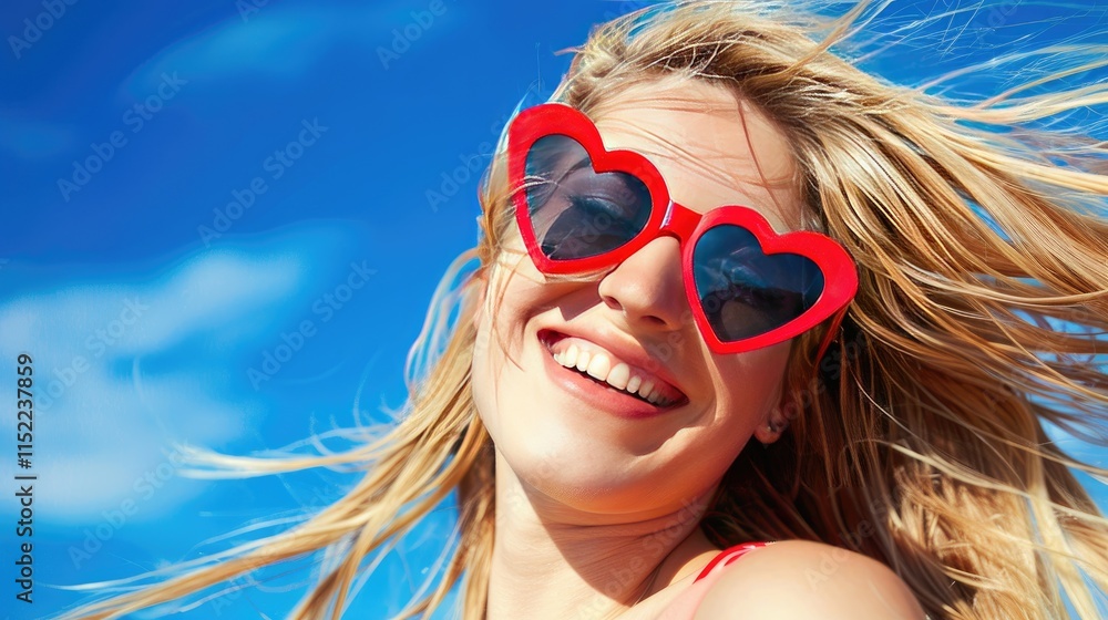 A beautiful, smiling blonde woman wearing red heart-shaped sunglasses, with her long hair flowing on the beach against a blue sky background. Valentine's Day travel concept A beautiful, smiling blonde woman wearing red heart-shaped sunglasses, with her long hair flowing on the beach against a blue sky background. Valentine's Day travel concept
