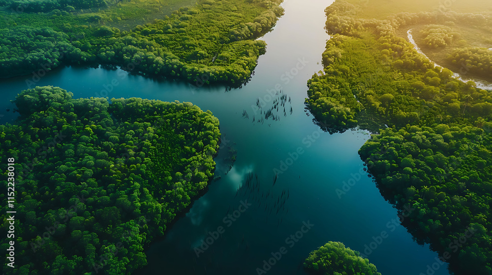 A serene river delta with lush green vegetation and calm waters A serene river delta with lush green vegetation and calm waters