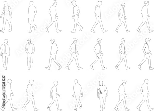 Vector line art of men and a women, a group of standing and walking business people,