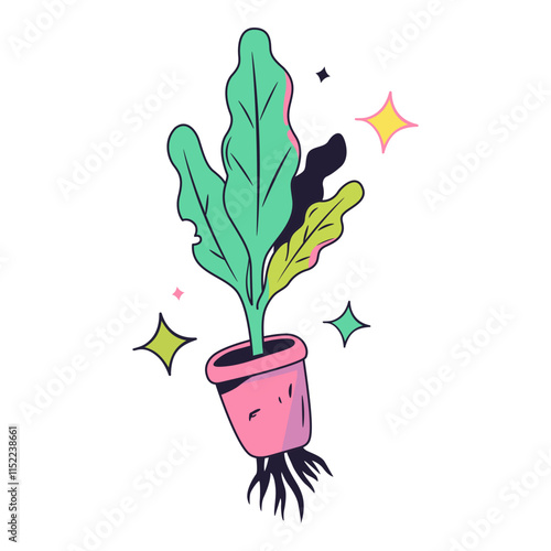 Groovy style indoor plant with roots in pink flowerpot vector illustration. Trippy hallucinogenic acid colors. Hand drawn style cartoon floral clip-art object for greeting card, postcard, scrabbucking