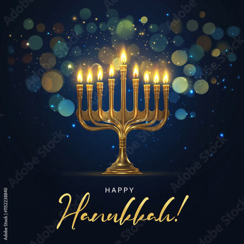Elegant Golden Menorah with Hanukkah Candles on Blue Background - Happy Hanukkah Vector Art