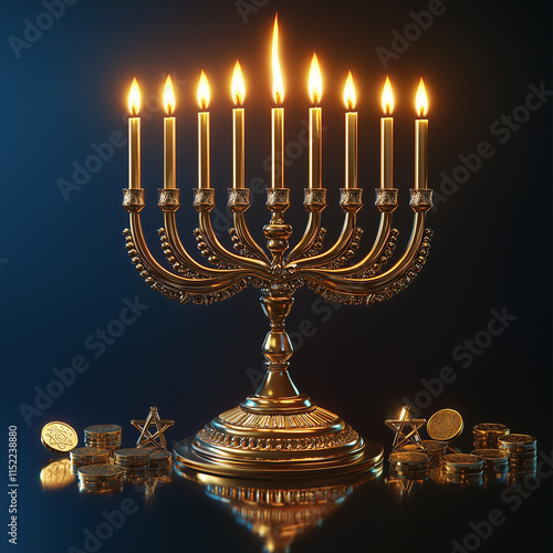 Elegant Golden Menorah with Hanukkah Candles on Blue Background - Happy Hanukkah Vector Art photo